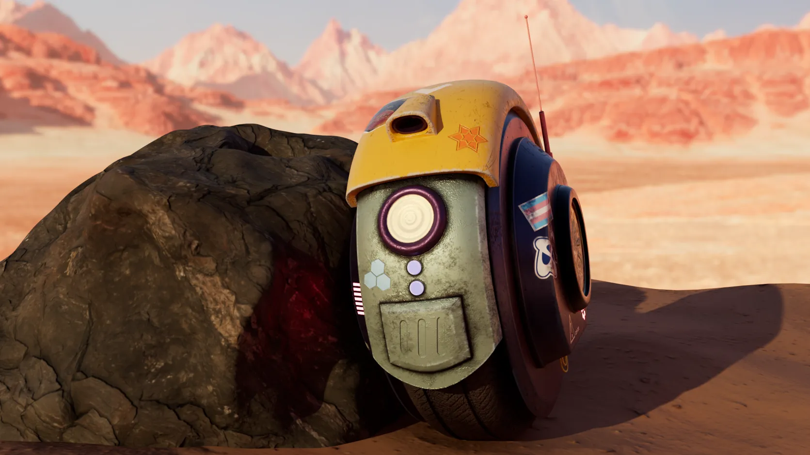 3D render. A wheel-shaped robot sits in an arid landscape leaning against a rock. It's covered in dust and dirt and has a single circular headlight at the front.