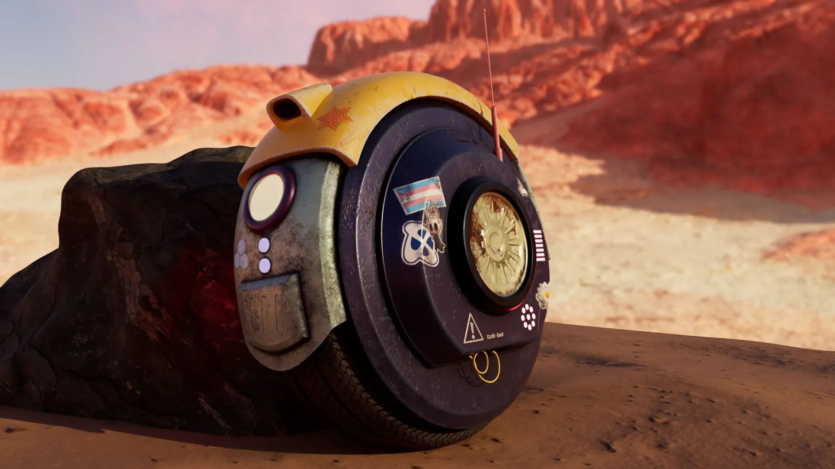 The same robot from a slightly different angle. There are stickers on the side of it, including a trans flag and the player character from Hollow Knight.