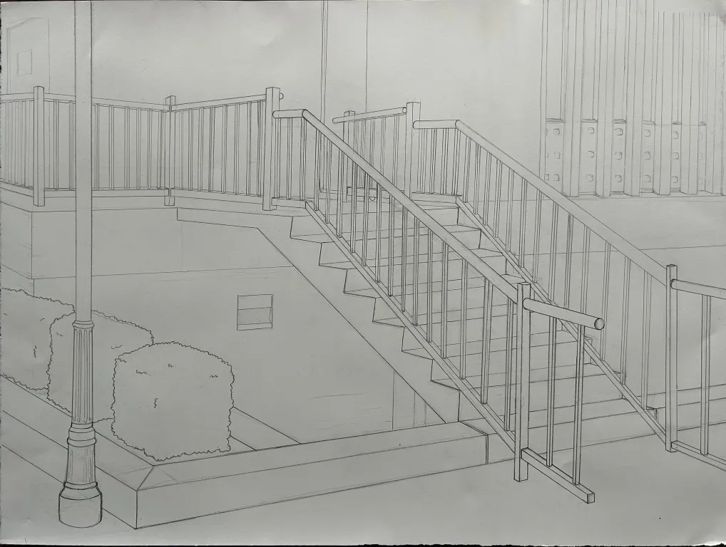 Pencil drawing of a staircase in a park, with every parallel bar of the railings painstakingly drawn in perspective.