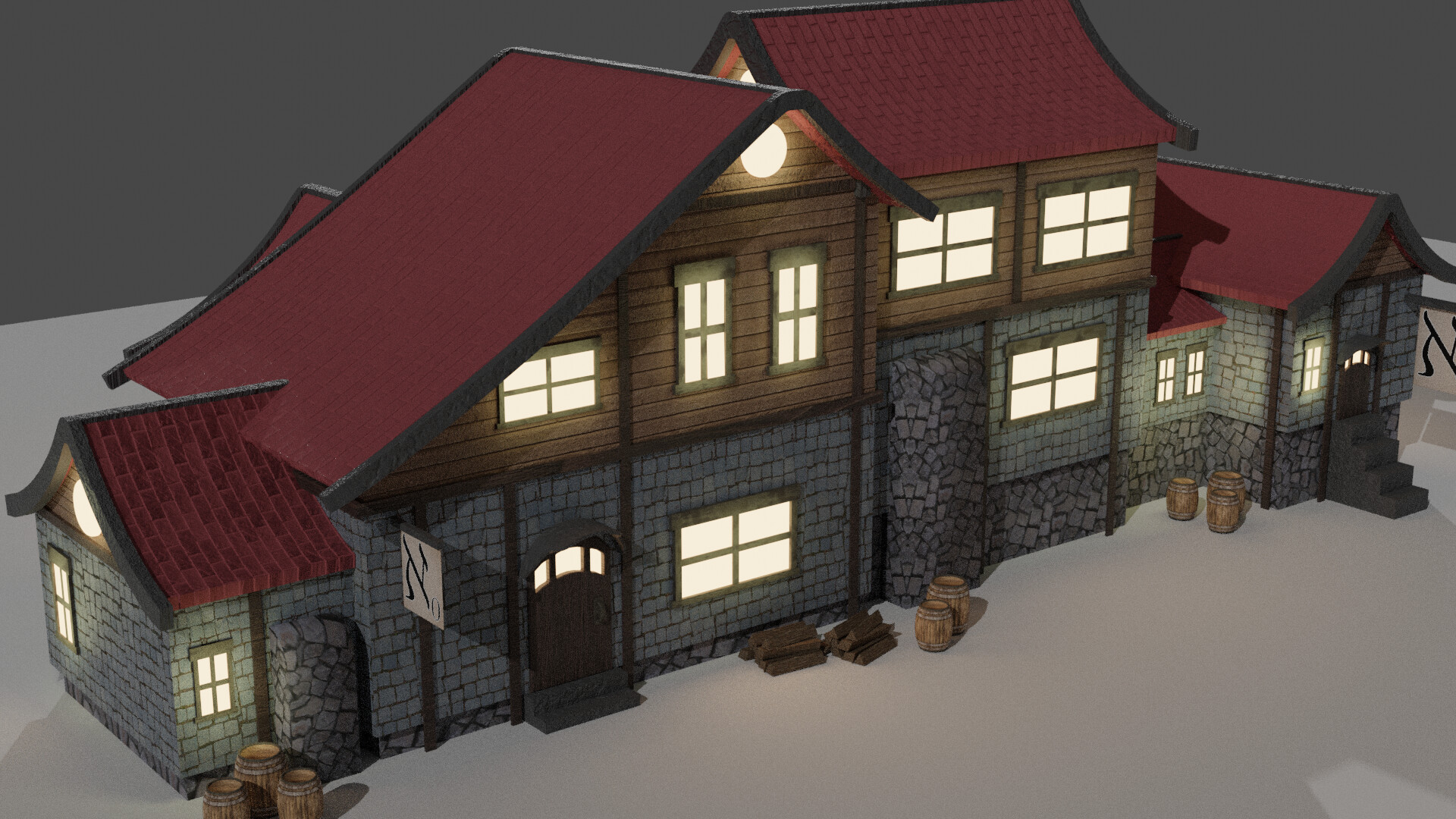 3D render. Exterior of a fantasy-styled building, made of stone and wood with a red roof.