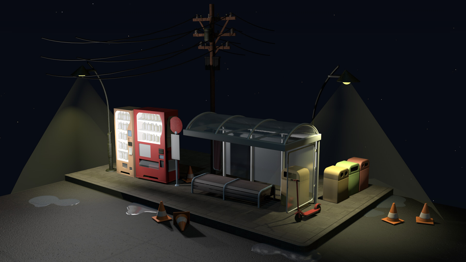 3D render. A nighttime scene depicting a glass-roofed bus stop. Streetlights illuminate puddles on the street. Next to the bus stop, a scooter on the right side and two Japanese vending machines on the left. Power lines in the background.