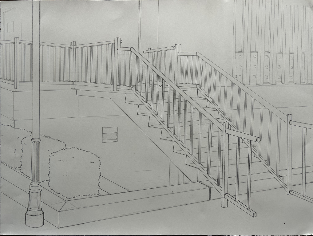 Pencil drawing of a staircase in a park, with every parallel bar of the railings painstakingly drawn in perspective.