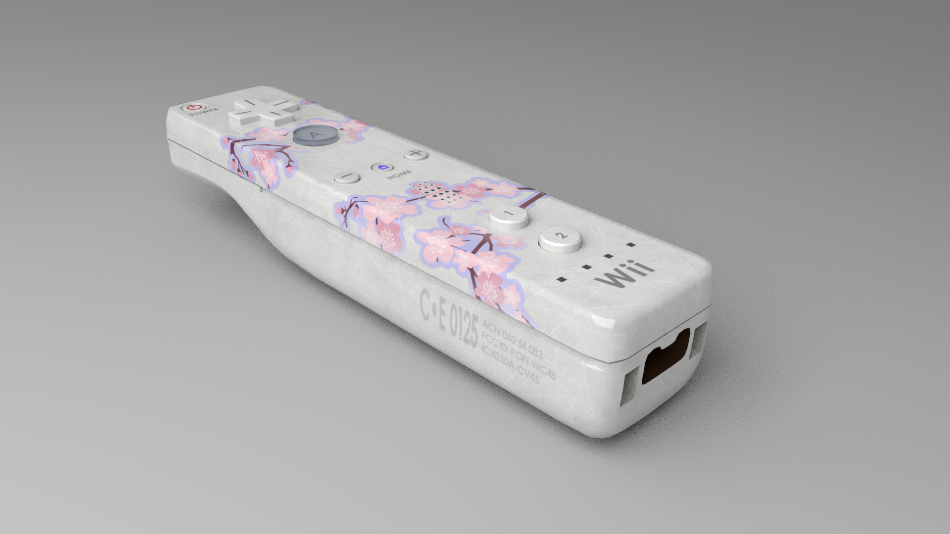 3D render of a Wiimote decorated with a cherry blossom pattern.